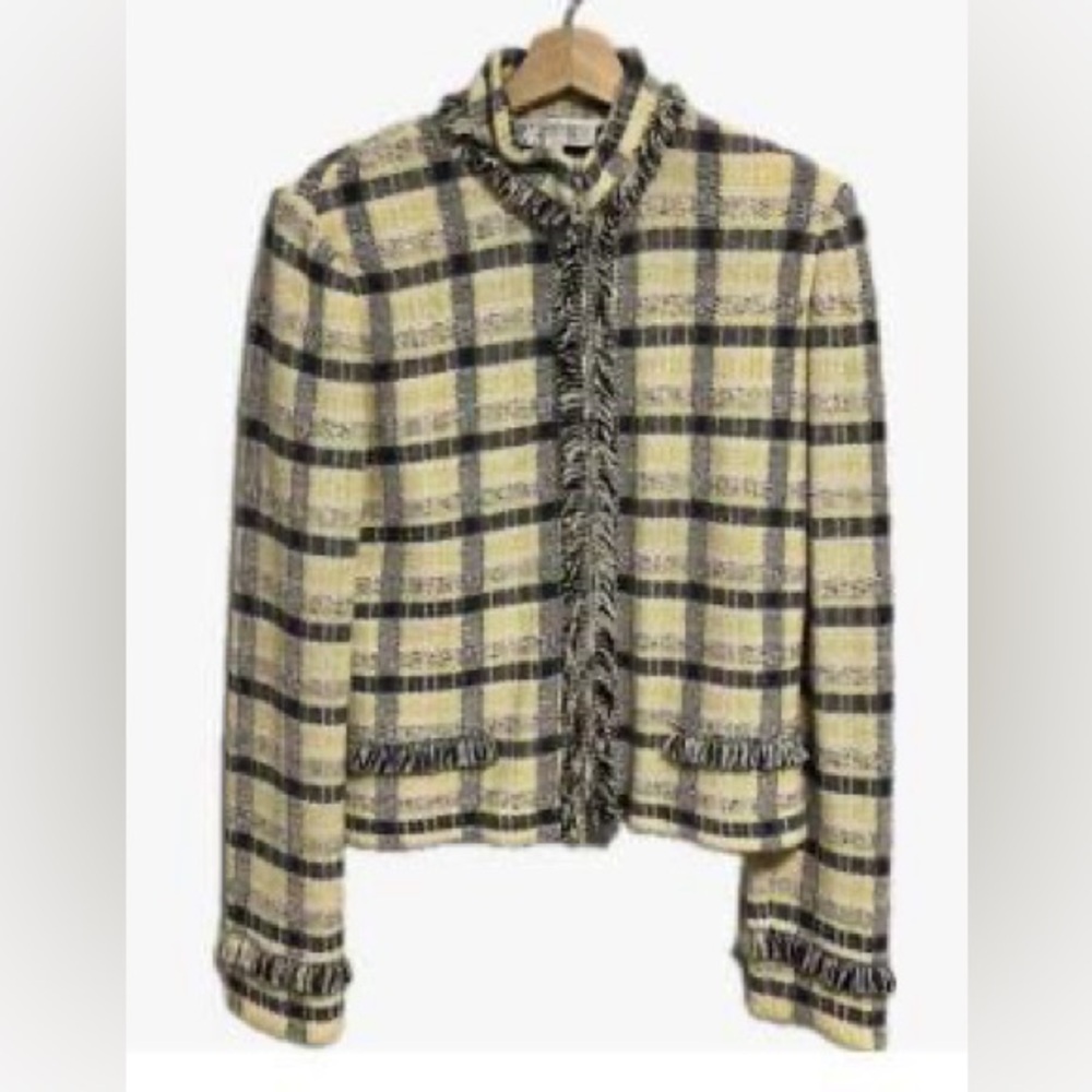 St John Collection Yellow Plaid Fringe Zipper Jacket Size 8